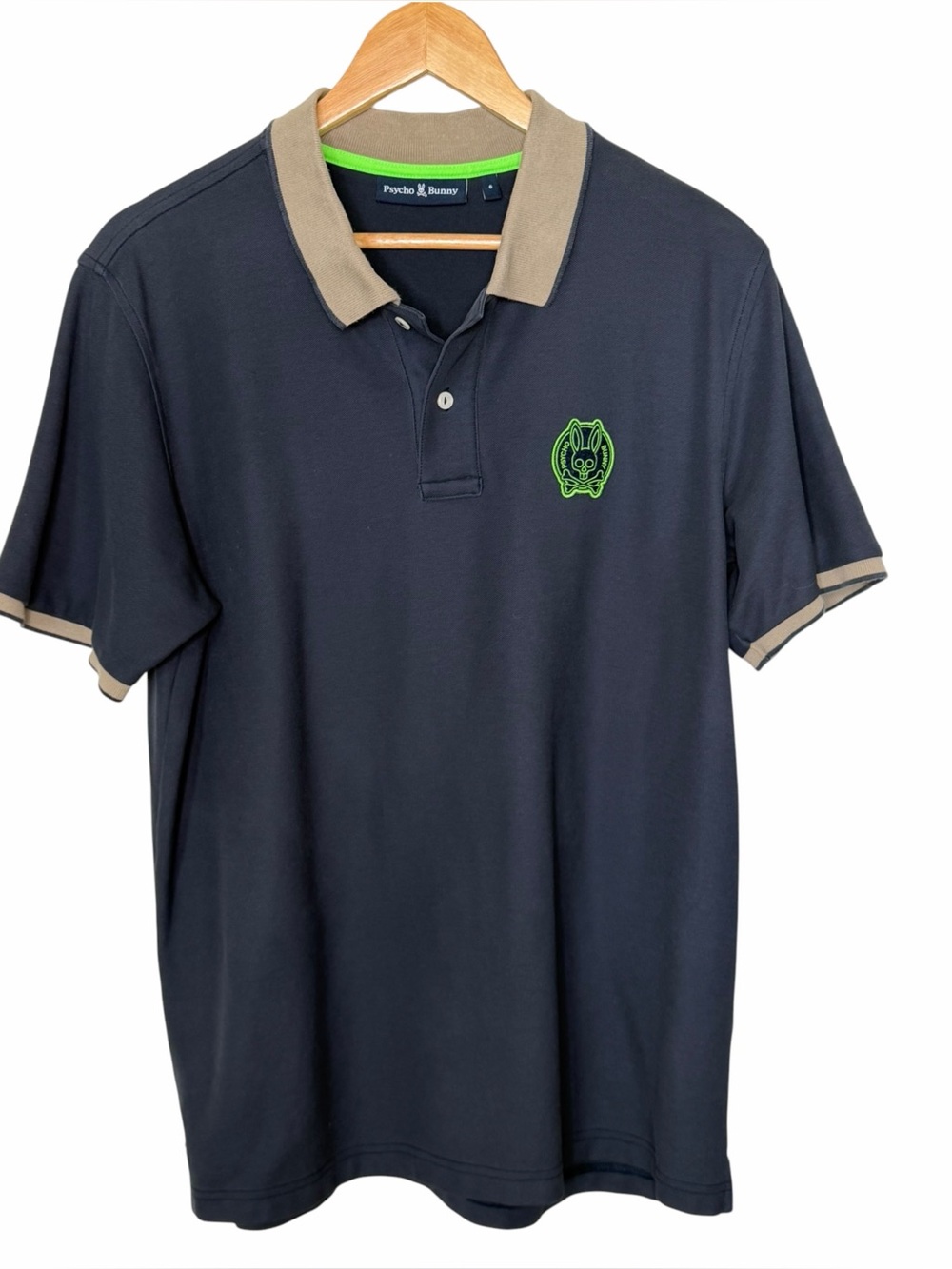 Psycho Bunny Men's Navy Polo with Tan Trim size large